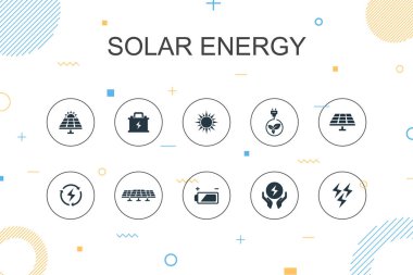 Güneş enerjisi trend Infographic şablonu. Güneş, pil, yenilenebilir enerji ve temiz enerji ikonları ile ince çizgi tasarımı