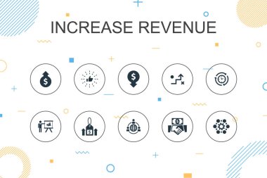 Gelir trendi Infographic şablonunu arttır. Yüksek fiyatlı ince çizgi tasarımı, harcamaları kısmak, en iyi uygulamalar, strateji simgeleri