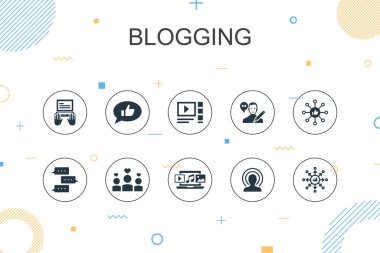 Blog yazma modası Infographic şablonu. Sosyal medya, Yorumlar, Blogger, dijital içerik simgeleri ile ince çizgi tasarımı