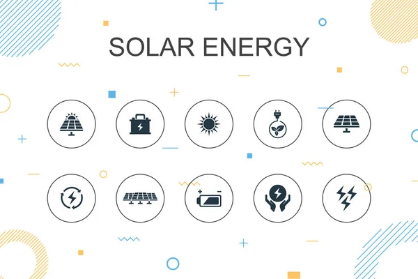 Energia słoneczna modny szablon infograficzny. Cienki projekt linii ze Słońcem, baterią, energią odnawialną, ikonami czystej energii — Wektor stockowy