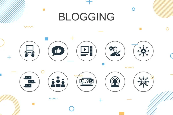 Blogging modello infografica di tendenza. Design sottile con social media, Commenti, Blogger, icone dei contenuti digitali — Vettoriale Stock