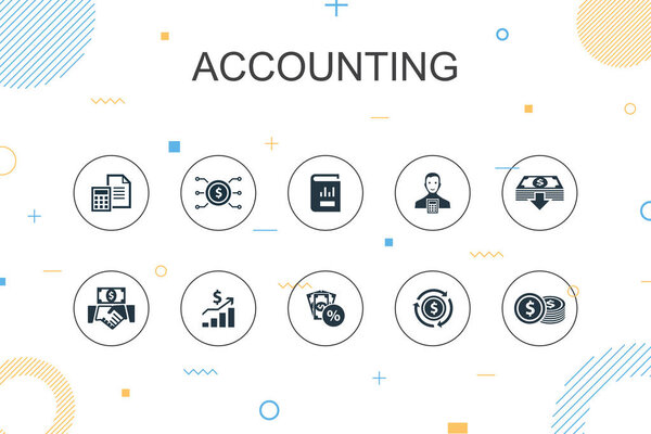 Accounting trendy Infographic template. Thin line design with Asset, Annual report, Net Income, Accountant icons
