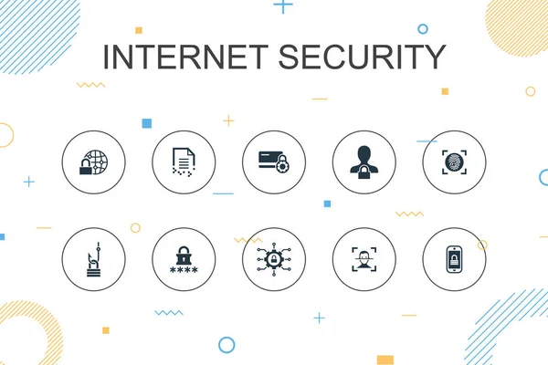 Инфографический шаблон Internet Security. Тонкая линия дизайна с кибербезопасностью, сканер отпечатков пальцев, шифрование данных, иконки паролей — стоковый вектор