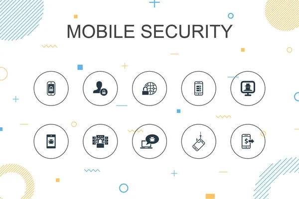 Инфографический шаблон для мобильной безопасности. Тонкая линия дизайна с мобильным фишингом, шпионские программы, интернет-безопасность, значки защиты данных — стоковый вектор