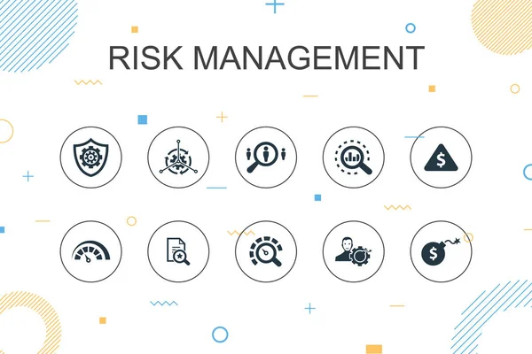 リスク管理のトレンディーなインフォグラフィックテンプレート。制御と細い線のデザイン,識別,リスクのレベル,アイコンを分析 — ストックベクタ