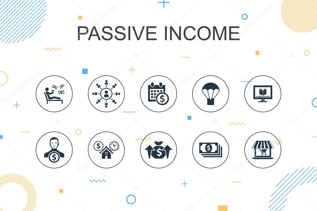 passive income trendy Infographic template. Thin line design with affiliate marketing, dividend income, online store, rental property icons