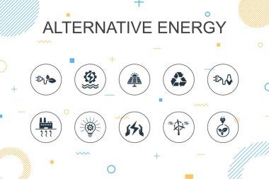 Alternatif enerji trend Infographic şablonu. Güneş enerjisi, rüzgar enerjisi, jeotermal enerji, geri dönüşüm simgeleri ile ince çizgi tasarımı