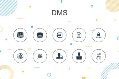 Dms modayı Infographic şablonu. Sistem, yönetim, mahremiyet, şifre simgeleriyle ince çizgi tasarımı
