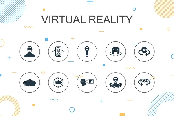 Plantilla de Infografía de moda realidad virtual. Diseño de línea delgada con casco VR, realidad aumentada, vista 360, iconos del controlador VR — Vector de stock