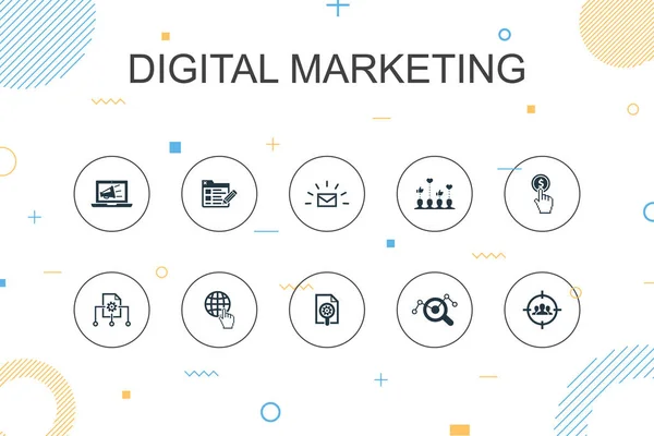 Ψηφιακό μάρκετινγκ μοντέρνο Infographic πρότυπο. Λεπτή γραμμή σχεδιασμού με το Διαδίκτυο, Έρευνα μάρκετινγκ, Κοινωνική εκστρατεία, Pay per click icons — Διανυσματικό Αρχείο