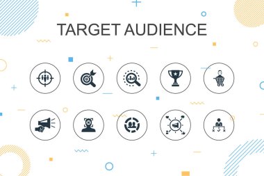 hedef kitle trend Infographic şablonu. Tüketicili ince çizgi tasarımı, nüfus grafikleri, niş, tanıtım simgeleri