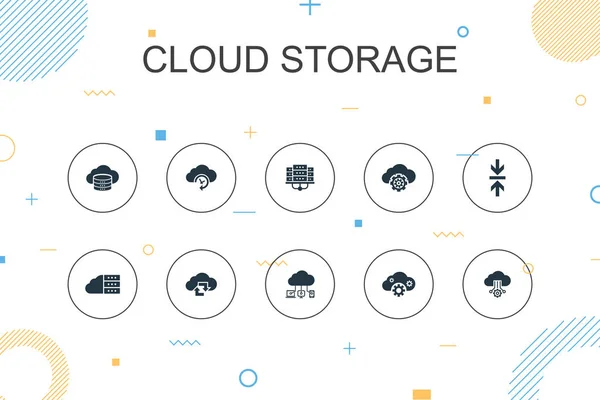 Bulut depolama modu Infographic şablonu. İnce çizgi tasarımı Bulut Yedekleme, Veri Merkezi, Melez Depo, Veri Sıkıştırma simgeleri — Stok Vektör