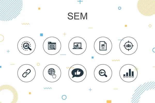 Plantilla de infografía de moda SEM. Diseño de línea delgada con motor de búsqueda, marketing digital, contenido, iconos de Internet — Vector de stock