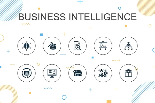 Business Intelligence trendige Infografik-Vorlage. Thin Line Design mit Data Mining, Wissen, Visualisierung, Entscheidungssymbolen — Stockvektor