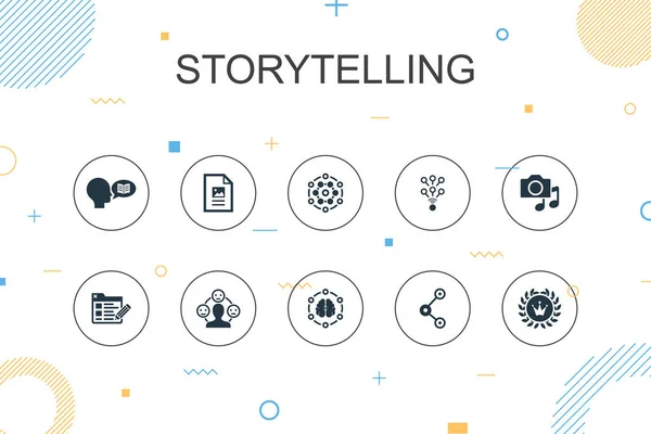 Storytelling moderno Infográfico modelo. Design de linha fina com conteúdo, viral, blog, ícones de emoção —  Vetores de Stock