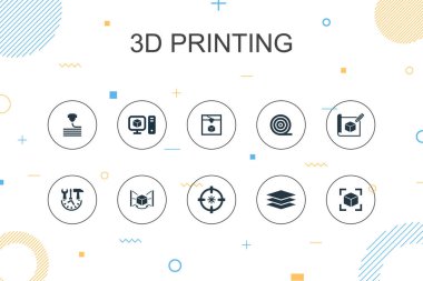 3d son moda Infographic şablonu yazdırılıyor. 3D yazıcı, filament, prototip, model hazırlık simgelerine sahip ince çizgi tasarımı
