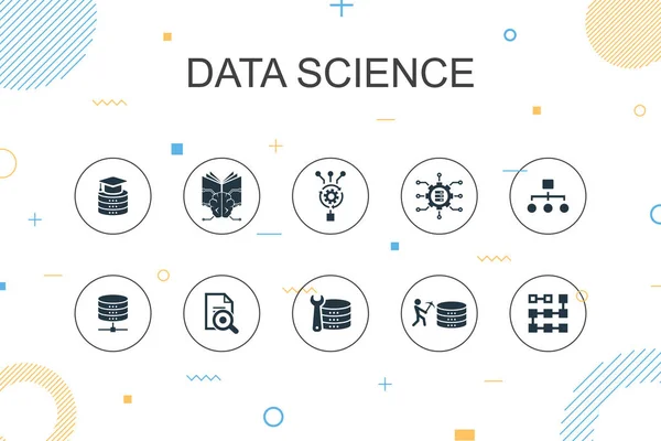 Data Science modelo de Infográfico na moda. Design de linha fina com aprendizado de máquina, Big Data, banco de dados, ícones de classificação — Vetor de Stock