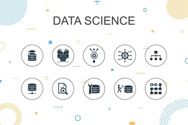 Επιστήμη Δεδομένων μοντέρνο πρότυπο Infographic. Λεπτή γραμμή σχεδιασμού με μηχανική μάθηση, Μεγάλα δεδομένα, βάση δεδομένων, εικονίδια ταξινόμησης — Διανυσματικό Αρχείο