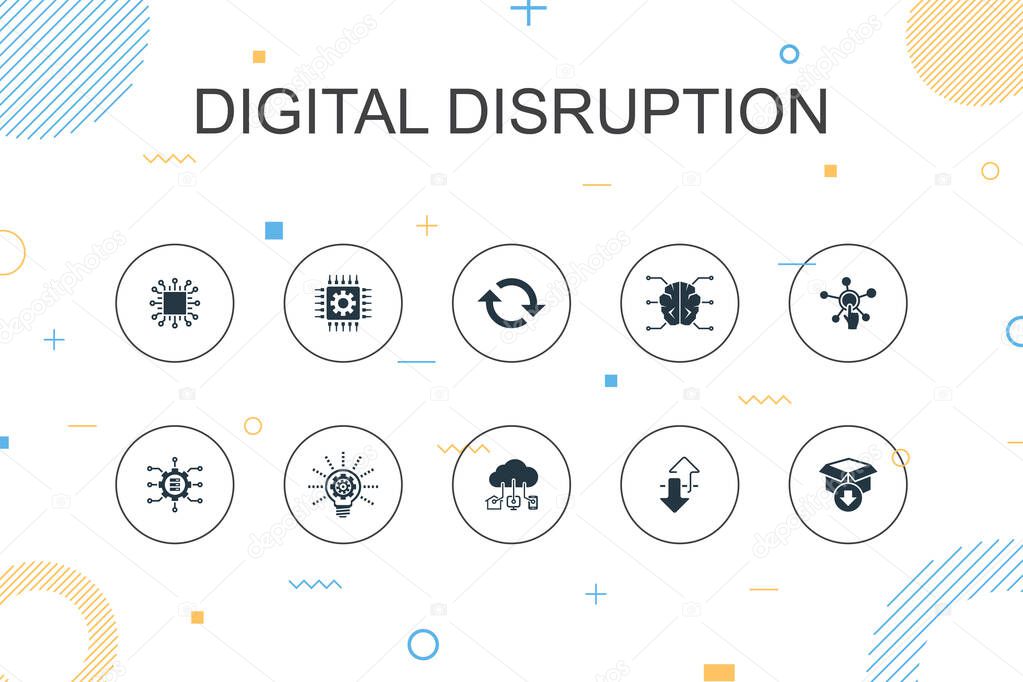 digital disruption trendy Infographic template. Thin line design with technology, innovation, IOT, digitization icons icons