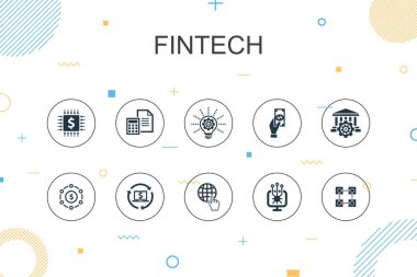Fintech trend Infographic şablonu. Finans, teknoloji, engelleme zinciri, yenilik simgeleri ile ince çizgi tasarımı
