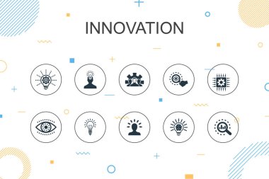 Yenilik modu Infographic şablonu. İlham, vizyon, yaratıcılık, kalkınma simgelerine sahip ince çizgi tasarımı