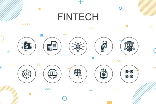 Plantilla de Infografía de moda fintech. Diseño de línea delgada con finanzas, tecnología, blockchain, iconos de la innovación — Archivo Imágenes Vectoriales