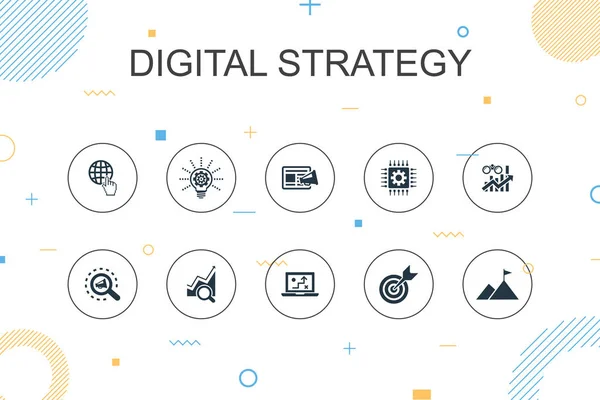 Estratégia digital modelo de Infográfico na moda. Design de linha fina com internet, SEO, marketing de conteúdo, ícones de missão —  Vetores de Stock