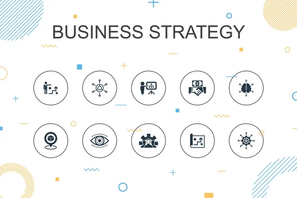 Estrategia de negocio plantilla de moda Infografía. Diseño de línea delgada con la planificación, modelo de negocio, visión, iconos de desarrollo — Vector de stock