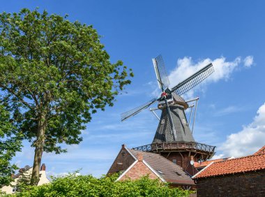 Rundwarftendorf 'taki yel değirmeni Rysum, Doğu Frizya, Aşağı Saksonya, Almanya 