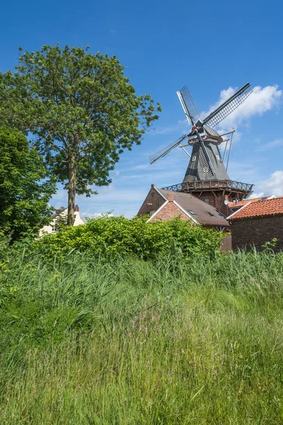 Molino de viento en el "Rundwarftendorf" Rysum, Frisia Oriental, Baja Sajonia, Alemania —  Fotos de Stock