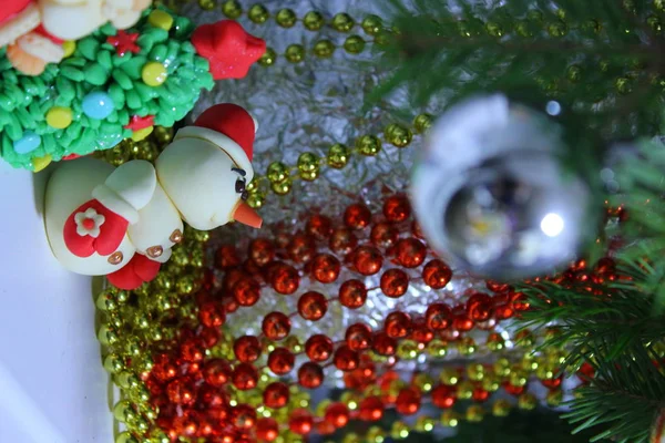 Petites Figures Père Noël Bonhomme Neige Près Sapin Noël — Photo