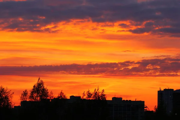 yellow-orange sunset with purple clouds over the city