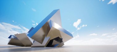 Renkli soyut panoramik zemin: geometrik metal küp duvarı. (Aracın arka plakası, 3D görüntüleme bilgisayarı dijital olarak oluşturuldu.)