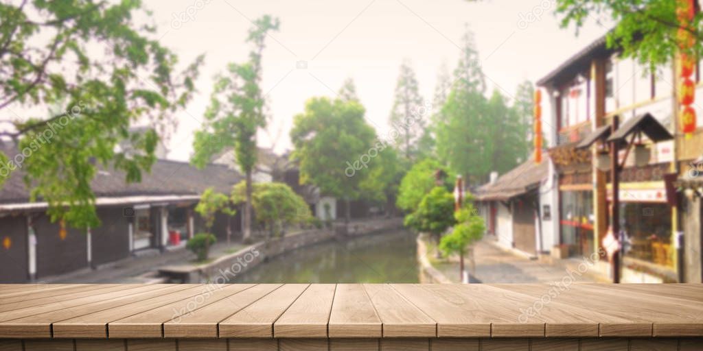 Colorful wooden platform landscape: Zhujiajiao, Shanghai, China.(3D rendering computer digitally generated illustration.)