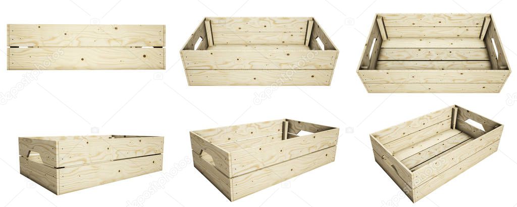 Colorful brown wooden crate isolated over a white background.(Clipping path inside, 3D rendering computer digitally generated illustration.)