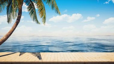 Colorful panoramic landscapeseaside wooden platform / deck table background.Beautiful tropical palm and ocean horizon. (4K UHD seamless looping, computer digitally generated animation.)