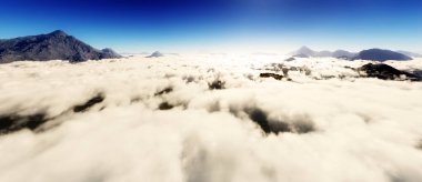 Renkli panoramik manzara: Mavi gökyüzü ve tüylü bulutlar. (Uçak arka plakası, 3D görüntüleme bilgisayarı dijital olarak oluşturuldu.)