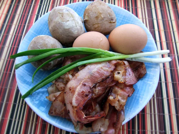 bacon potatoes and green onions still life on a blue plate, outdoor recreation, picnic