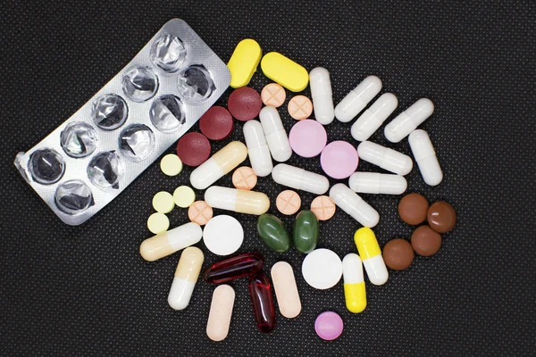 Many Tablets Different Colors Shapes Empty Blister Tablets Medical Preparations — Stock Photo, Image