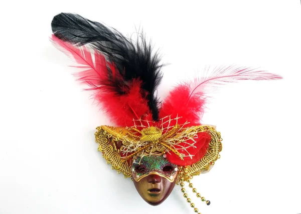 Plastic Mask Hat Feathers White Background Top View Brown Masquerade — Stock Photo, Image