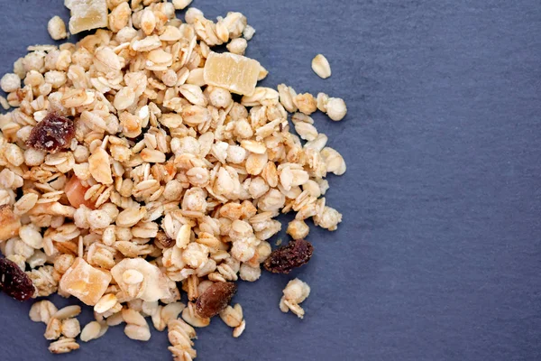 Muesli Raisins Nuts Candied Fruits Dry Granola Mix Black Background — Stockfoto