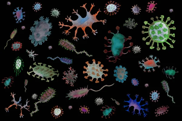 Illustration of a bacteria under the microscope on a black background. Microbes and viruses of different shapes and colors isolate. Bacrery cells, microorganisms close-up.