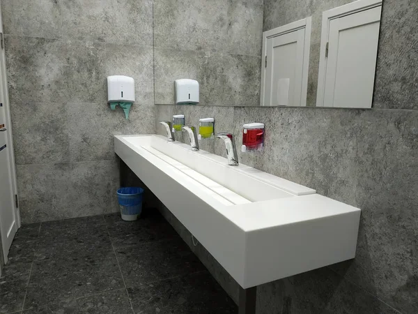 Banyo, beyaz lavabo ve musluklar. Umumi tuvalette. Büyük ayna, kuru havlular, tuvaletteki sıvı sabun için şeker kutuları..