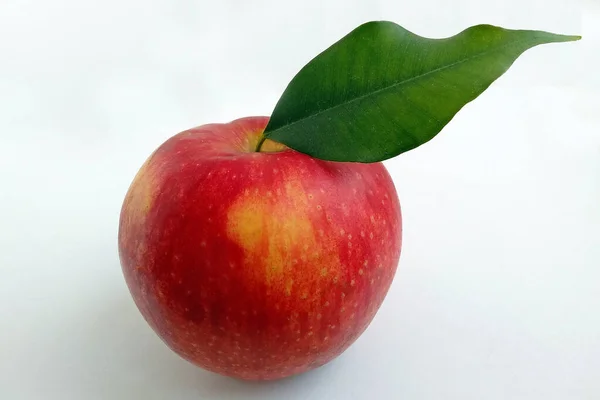 一个红色的苹果 绿色叶子 白色背景 大绿叶的特写苹果 — 图库照片