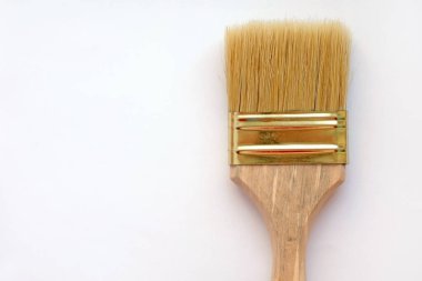 Doğal kazıkla boya fırçası. Beyaz arkaplan görünümünde boya araçları. Ahşap saplı boya fırçası.
