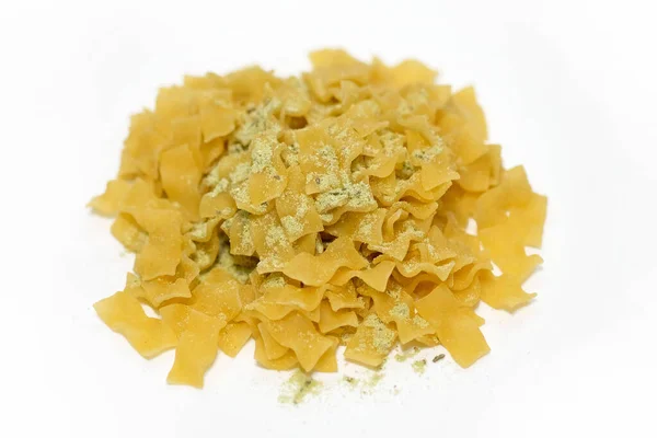 Trenetta Pesto Yellow Pasta Hard Varieties Dry Powder Basil Cheese — Stock Photo, Image