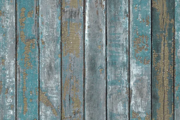 旧的木制蓝色板条 底色褪了色 垂直窄板关闭 栅栏木制表面上的蓝色油漆的纹理 Grunge复古背景 — 图库照片