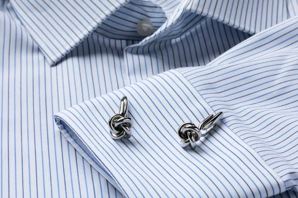 Striped White Blue Men Shirt Close Knot Shape Cufflinks Close — Stock Photo, Image