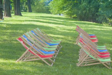 Parktaki iskemleler, güneş ışığı, yeşil çimenler.