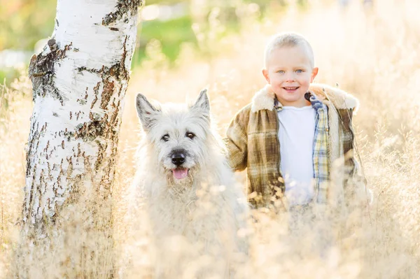 Feliz sorrindo menino loiro andando com cão amigo na fazenda — Fotografia de Stock